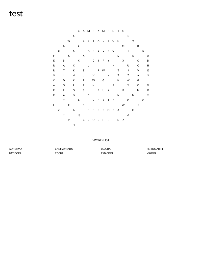Spanish vocabulary word search with transportation and household words in a spiral shape.