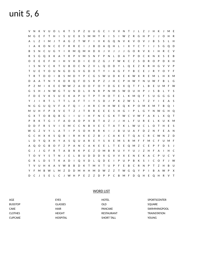 ESL word search with places like hospital and restaurant, and describing words like age and height.