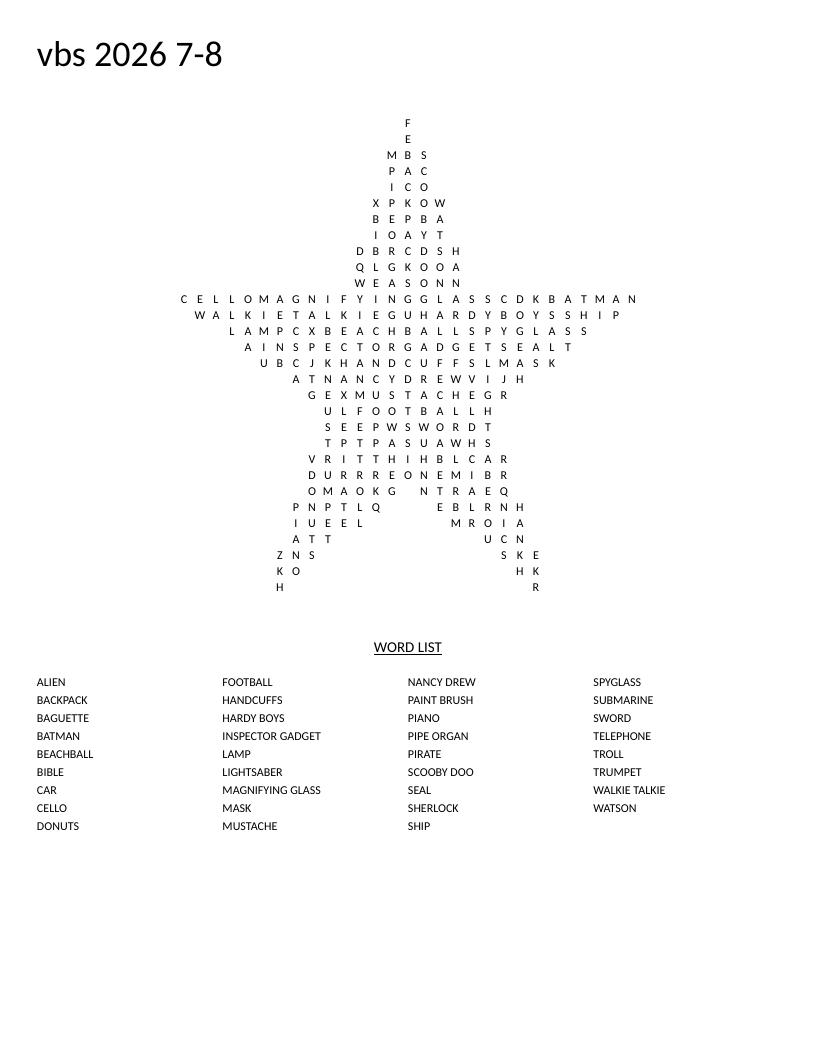 Star-shaped VBS detective word search with mystery characters like Scooby-Doo and Nancy Drew.