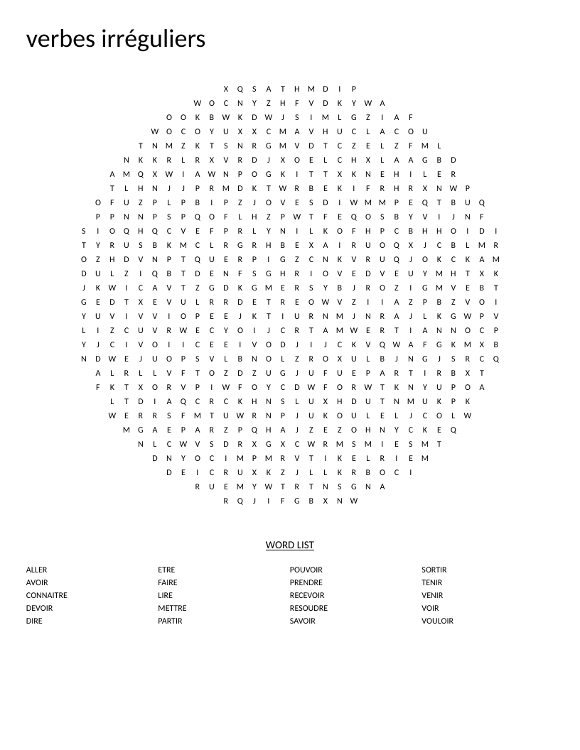 Circular French irregular verbs word search with words like avoir, être, and aller.
