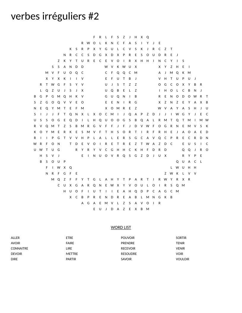 Smiley-shaped French irregular verbs word search with avoir, être, aller, and faire.