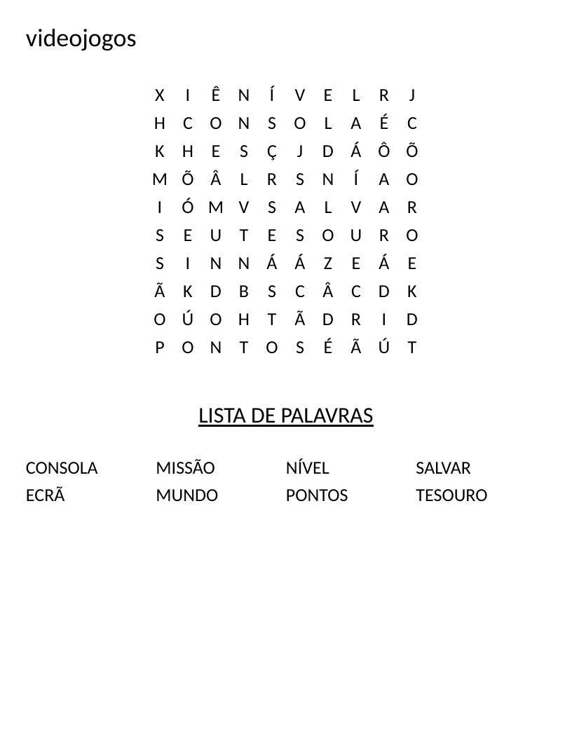 Small Portuguese video games word search with words like consola, pontos, and tesouro.