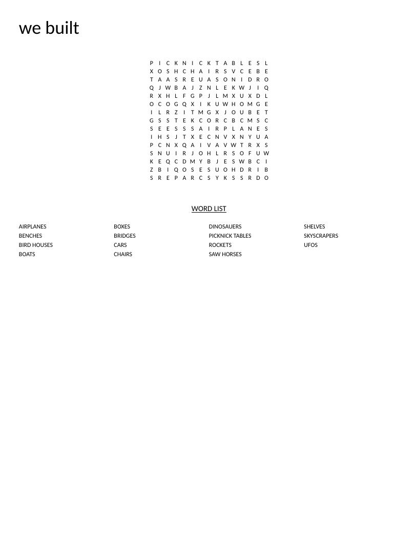 Word search with woodworking and building projects including birdhouses, boats, and rockets.