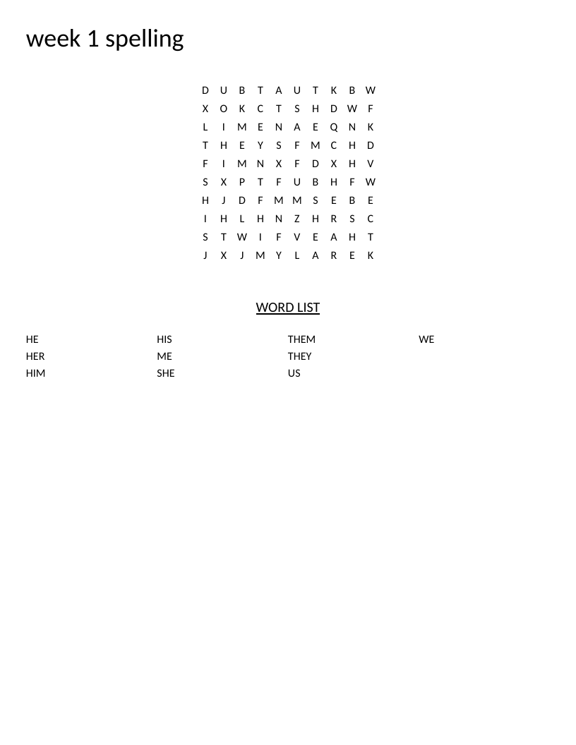 Pronoun spelling word search with words like he, she, they, and us.