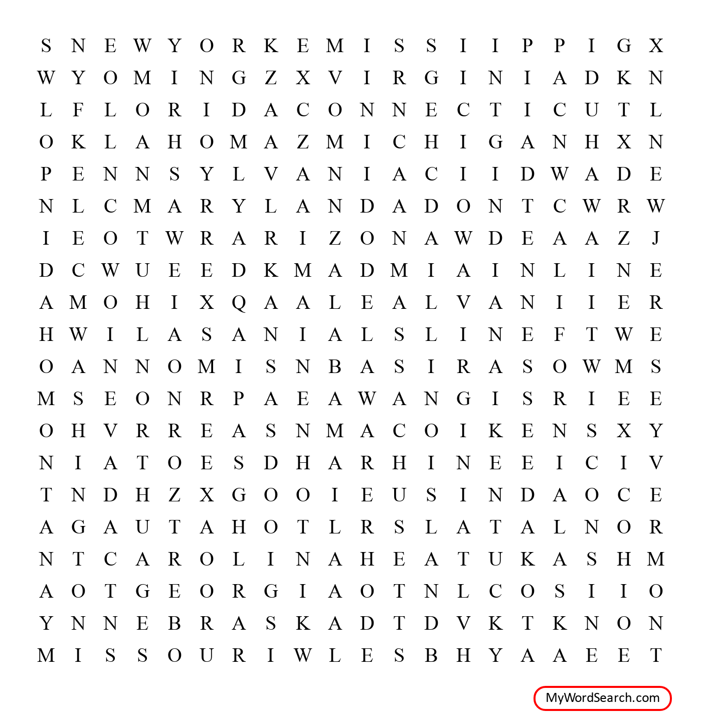 U S States Word Search